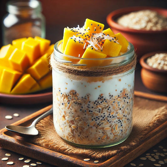 Overnight oats mangue coco, onctueux et exotique, à base de lait végétal